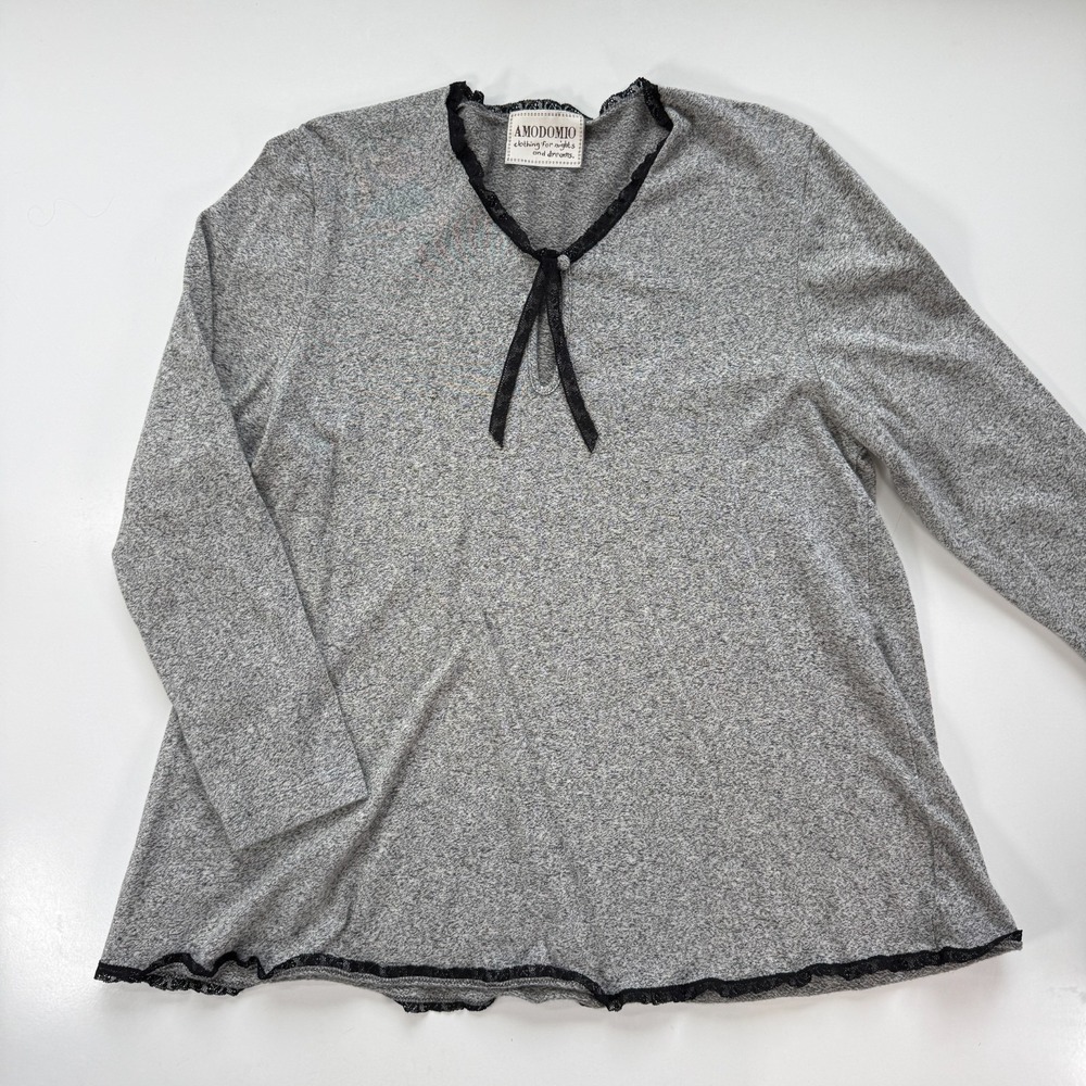 Vintage A MODO‎ MIO Pajama Top Shirt Womens Small Gray Black Lace Trim